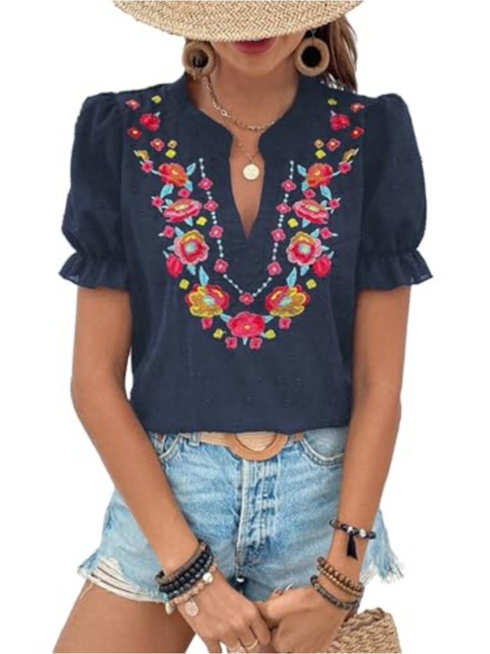 Womens Floral Embroidered V Neck Puff Sleeve Blouse Loose Summer Top